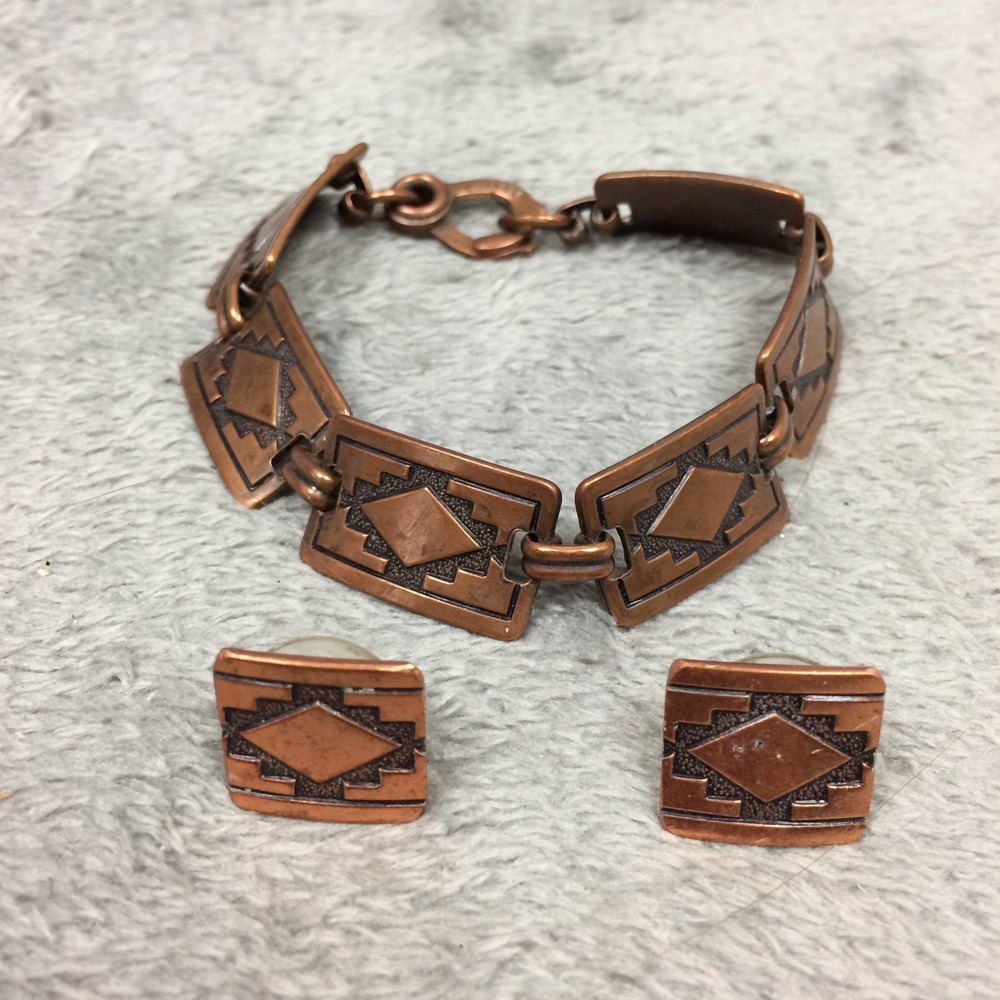 Vintage MCM Copper Bracelet and Earrings Set Geometric Panel Link